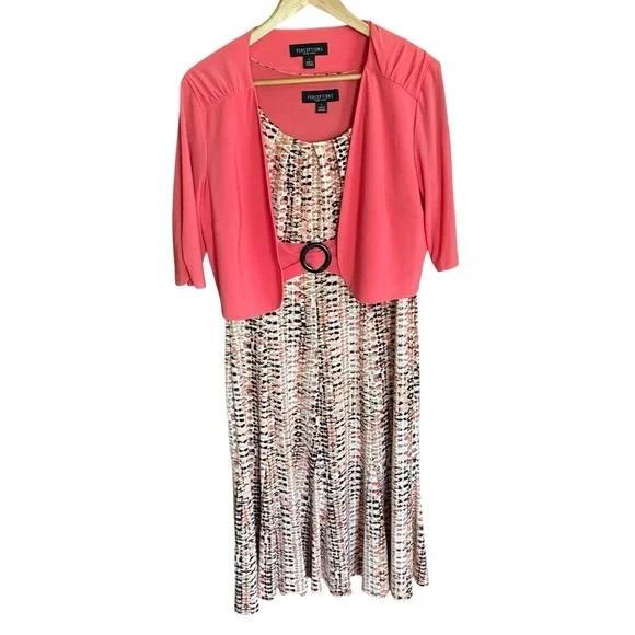 Perceptions Women’s Size L 2-Piece Dress Jacket Set Coral Print Career Church - Picture 2 of 12